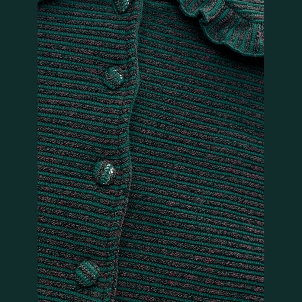 Green Ribbed Knit Ruffle Collar Button Front Cropped Cardigan - Picture 5 of 7